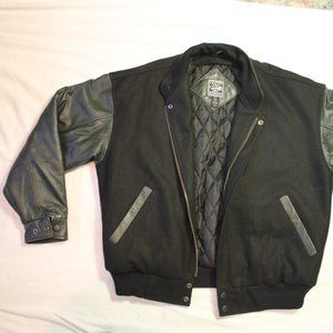 Black and green letterman jacket outer boundaries leather and wool